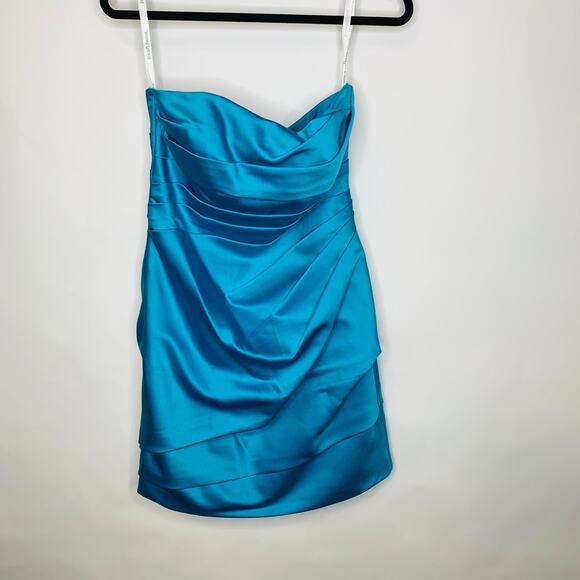 David's Bridal Turquoise Blue Satin Cocktail Dress Ruched Sz 8 - Picture 5 of 9